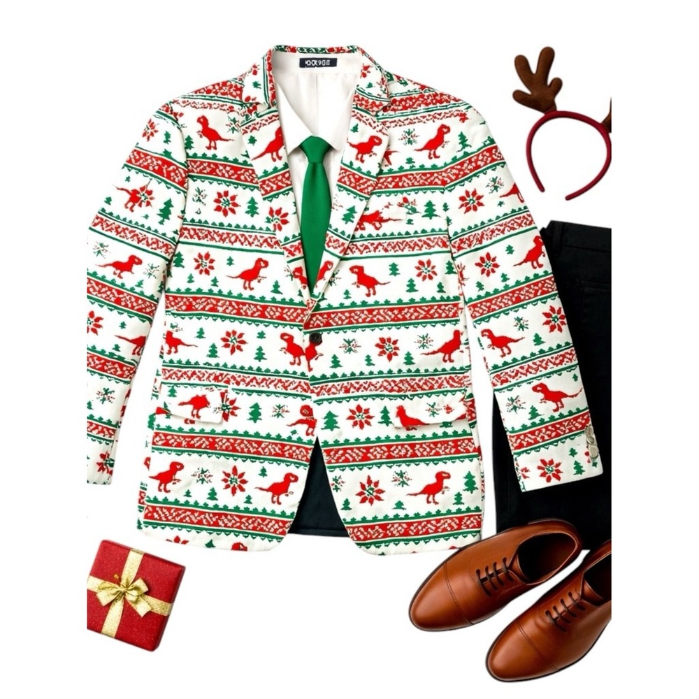 OppoSuits Christmas Dino Blazer Red Green Novelty Holiday Party Jacket Mens 46